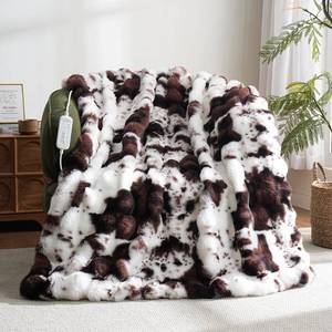 lot 5455 image: Cow Print Heating Throw Blankets Luxurious Western Soft Bubble Faux Rabbit Fur 8 Heat Settings Overheat Protection Quick Heating Electric Heated Blanket 50x60(Brown) - Retail $70
