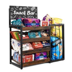 lot 5465 image: Poyilooo Candy Display Rack, 4 Tier Snack Display for Countertop,Wooden Counter Snack Organizer Frame Basket, Potato Chip Display Retail Display Shelf for Office, Store, Counter, Kitchen - Retail $60