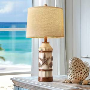 lot 5466 image: OYEARS 24in Table Lamp for Bedroom, Boho Table Lamp for Living Room, Bedside Nightstand Lamp, Coastal Nautical Lamp with Starfish Conch Pattern for Decor, End Table, Vintage Retro Beach, Off White - Retail $50