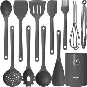 lot 5471 image: Silicone Cooking Utensils Set - 600°F Heat Resistant, Nonstick Kitchen Utensil Set with Spatulas, Spoons, Whisk, Tongs, BPA Free, Dishwasher Safe (Gray) - Retail $28