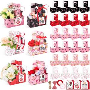 lot 5475 image: 24 Set Valentines Day 2 Cup Drink Carrier with Handle, 6 Style Heart Portable Cup Holders Floral Gift Bags with Card and Rope, Valentine Mother Teachers Day Favor for Hot Cold Drinks Coffee(6 Style) - Retail $18