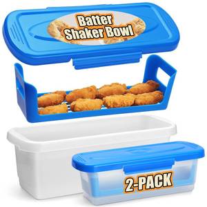 lot 5477 image: Batter Bowl with Lid, 2-Pack Fish Batter Shaker, Better Breader Shaker Bowl with Breading Shaker Tray, Batter Bowl with Lids Shaker for Frying Chicken Wings Fish Onion Rings Veggies - Retail $22