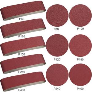 lot 5480 image: Blulu 22 Pieces Sanding Belts and Sanding Discs Set Includes 4 x 36 Inch Belts (80120150240400 Grits) and 6 Inch Self Adhesive No Hole Alumina Disc for Bench Combination Sander Woodworking - Retail $26