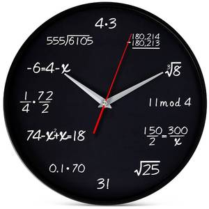 lot 5550 image: Bernhard Products Math Wall Clock Black 12 Inch Silent Non-Ticking Unique Gift for TeacherStudentEngineer Graduate Quartz Round Battery Operated, Home Office School Classroom, Mathematical Equations - Retail $20