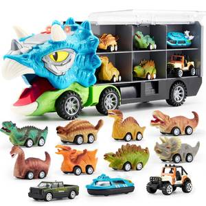 lot 5561 image: JOYIN 13 in 1 Dinosaur Toys for Kids 3-5, Triceraptor Dinosaur Truck with 12 Pull Back Cars, Birthday Gifts Toys for 3 4 5 Year Old Boy, Transport Carrier Truck for Toddlers 3-4 Years - Retail $40