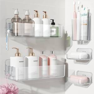 lot 5563 image: Nieifi Adhesive Wall Shelf, Shower Shelves 5 Pack with Soap Holder, Shower Organizer for Bathroom Organization, Clear - Retail $26
