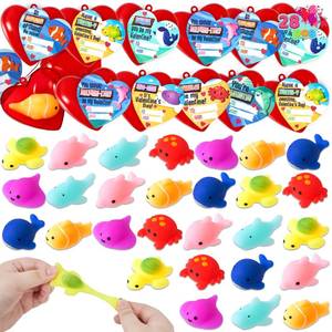 lot 5564 image: JOYIN 28 Packs Valentines Day Gifts for Kids, Sea Animals Mochi Squishy Toy with Heart Valentines Day Cards for Kids School Classroom, Stress Relief Toy for Valentine Party Favors, Class Exchange - Retail $30