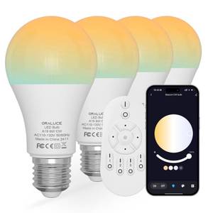 lot 5570 image: ORALUCE LED Remote Control Light Bulbs 60 Watt Equivalent, Dimmable 2700-6500K Lightbulbs E26 Base, A19 Bluetooth Smart Light Bulb for Lamp, Bedroom, 4 Pack with Remote Control - Retail $25