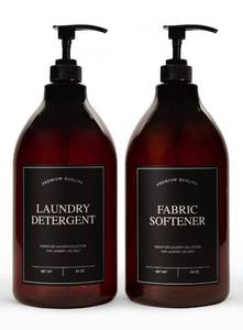 lot 5592 image: Calindiana Modern Farmhouse Liquid Laundry Detergent and Fabric Softener Dispenser for Laundry Room Decor and Organization, PET Plastic Landry Soap Containers with Water Resistant Labels, Amber 64oz - Retail $28