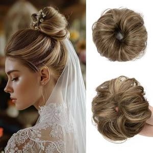 lot 5610 image: CJL HAIR 2PCs Small Cute Messy Bun Hair Piece for Thin Hair Women Mini Synthetic Curly Bun Scrunchies Updo Hairpieces BrunetteAsh Blonde - Retail $18
