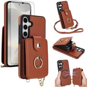 lot 5615 image: Phone Case for Samsung Galaxy S25 FE 5G Wallet Cover Magnetic Detachable and Screen Protector Ring Kickstand Crossbody Lanyard Strap Compatible with MagSafe RFID Blocking S25FE for Women Brown - Retail $25