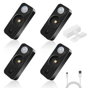 lot 5631 image: NIEGNOWOO LED Motion Sensor Puck Lights, Rechargeable Cabinet Lights, Stick on Wireless LED Night Light for Closet, Drawer, Shelf, Under Cabinet, Warm White 4Pack, USB Charging Cord Included NO STICKY TABS - Retail $20