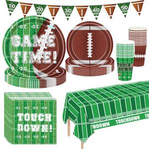 lot 5636 image: Football Party Decorations 98Pcs Football Birthday Party Suppiles Set Include Plates and Tablecloth Sport Theme Party Favors Kit - Retail $16