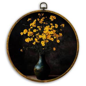 lot 5652 image: CUANFDDSF Vintage Floral Round Wall Art, Rustic Floral Framed Hanging Wall Decor, Dark Cottagecore Yellow Flower Botanical Aesthetic Canvas Prints Decorations for Home Bedroom Living Room, 10x10 Inch - Retail $8