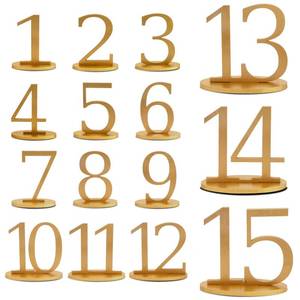 lot 5662 image: XUWAIDSGN Gold Table Numbers 1-15 with Oval Base Rustic Table Numbers for Wedding Reception 5 Inch High Gold Wedding Signs Holders Stands for Banquets Anniversary Parties - Retail $23
