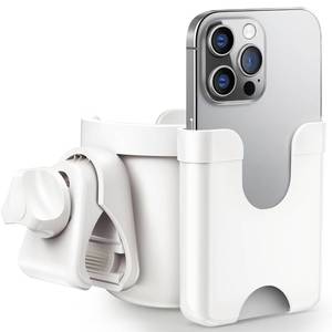 lot 5663 image: Stroller Cup Holder with Phone Holder, Guiseapue Cup Holder for Walker, WheelchairBikeRollatorScooter Stroller Accessories for Uppababy, Nuna, Doona,Baby Travel Essential - White - Retail $10