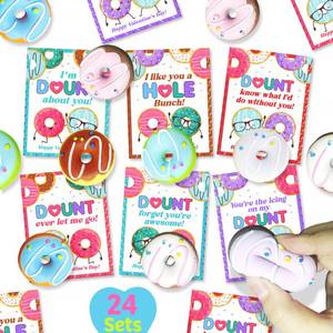 lot 5679 image: ZUZIMIRA Donut Squishy Valentines Day Cards Gifts for Boys Girls Classroom Exchange, 24 Packs Valentines Day Donut Squishies with Cards for Kids School Party Favor - Retail $17