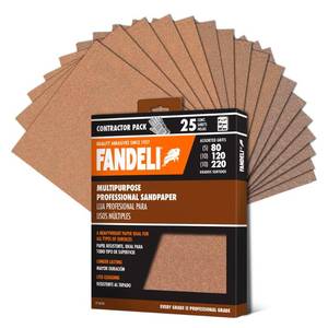 lot 5698 image: Fandeli  Multi-Purpose Sanding Paper  Assorted Grits (80,120,220)  25 Sheets of 9 x 11  Perfect for Sanding Metal and Sanding Wood  Hand Sanding  Orbital Sanders - Retail $19