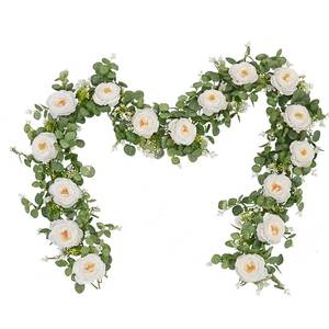 lot 5703 image: Dolicer 2Pcs 13Ft Artificial Eucalyptus Garlands with Flowers, Faux Floral Greenery Garlands Fake Flowers Vines for Wedding Table Centerpieces Arch Party Ceremony Backdrop Decor (White) - Retail $20