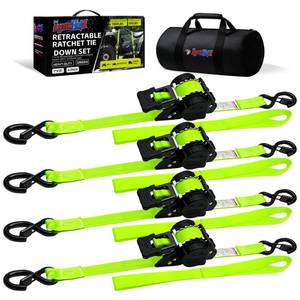 lot 5708 image: Retractable Ratchet Straps (4-Pack) - Heavy Duty Auto Slow Retraction Tie Down Straps - 1 Inch x 13 Feet (1,800lb Break Strength) for Truck, Cargo Trailer, Motorcycle, ATV, UTV - Green - Retail $68