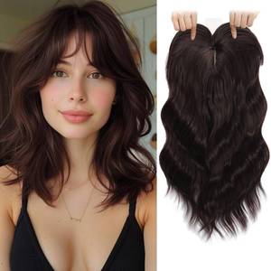 lot 5729 image: TYQ Hair Toppers for Women with Thinning Hair,14 Inch 360° 3D Synthetic Curly Wavy Side Part Clip in Bangs(Light wine red) - Retail $32
