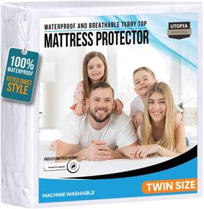 lot 5739 image: Twin Size Mattress Protector Waterproof, Premium 200 GSM Terry Mattress Cover, Soft & Breathable Bed Cover, Fitted Sheet Style Stretchable Deep Pockets 15 by Utopia Bedding (White) - Retail $15