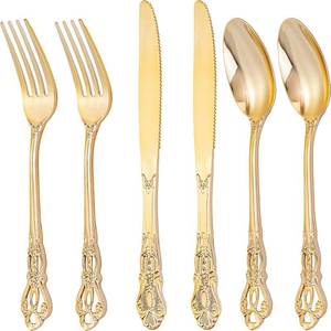 lot 5740 image: Joyido 300Pieces Gold Plastic Silverware - Heavy Duty Gold Disposable Utensils - Vintage Plastic Cutlery Set Includes 100 Forks, 100 Spoons, 100 Knives for Dinner Parties Weddings - Retail $50