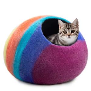 lot 5758 image: Woolygon Premium Felt Cat Cave Bed Wool Kitty Beds Handcrafted Kitten Caves Bed for Indoor Cats - Made from Merino Wool, Foldable Cat Hideaway Covered Cat House Pod (Rainbow Twist) - Retail $43