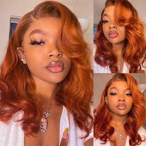 lot 5764 image: 13X4 Dark Ginger Lace Front Wigs Human Hair Body Wave Orange Ginger Brown Brazilian HD Lace Front Human Hair Wigs Glueless 150% Density Pre Plucked Natural Hairline (18 inch, Copper Brown Color) - Retail $56