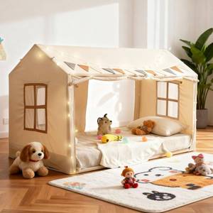 lot 5771 image: Twin Bed Tent for Kids, Princess Bed Canopy Playhouse with Star Lights, Breathable Private Space Fort Tents, Castle Reading Nook Play Tent for Girls Boys, Beige