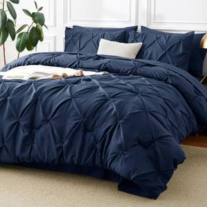 lot 5783 image: CozyLux California King Comforter Set Navy Blue - 7 Pieces Cal King Pintuck Bed in A Bag Gift for Family, Pinch Pleat Bedding Sets with All Season Comforter, Sheets, Pillowcases & Shams - Retail $70