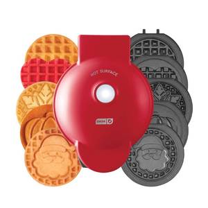 lot 5786 image: Dash Holiday MultiMaker Mini System - Includes Seasonal Snowflake, Pumpkin, Heart, Santa, and Classic Waffle Plates - Red, Six 4-Inch Removable Plates - Retail $30