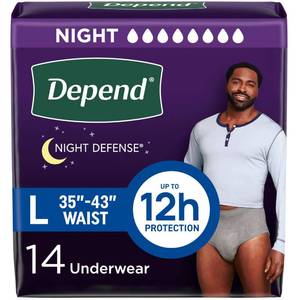 lot 5801 image: Depend Night Defense Adult Diapers, Incontinence Underwear for Men, Disposable, Overnight, Large, Grey, 14 Count, Packaging May Vary - Retail $16
