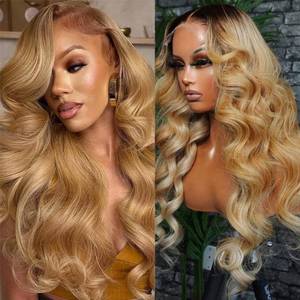 lot 5808 image: Ombre Honey Blonde Lace Front Wig Human Hair for Black Women Body Wave 13x6 Lace Frontal Pre Plucked with Baby Hair 4T27 Chocolate Brown to Caramel Blonde Real Human Hair Wig 180% Density 20 Inch
