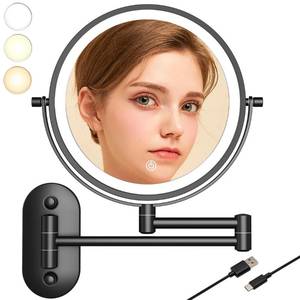 lot 5811 image: 8in Wall Mounted Makeup Mirror With Lights, 10x Magnifying Mirror Wall Mount for Vanity, Bathroom and Shaving, Rechargeable Wall Mounted Makeup Mirror Swing Arm with Adjustable Brightness (Black-10X) - Retail $40