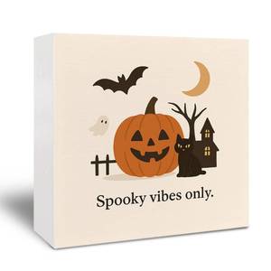 lot 5818 image: Kneaotoaji Cute Halloween Wooden Sign - Pumpkin Halloween Desk Decor, Retro Fall Halloween Gifts, Spooky Vibes Only Wooden Box Sign for Home Office Tabletop Shelf Decor 5x5 Inch - Retail $7