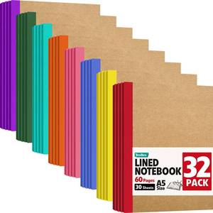 lot 5832 image: YesBes 32 Pack Composition Notebooks Bulk, A5 Kraft Cover Lined Journaling Notebooks, 8.3x 5.5 Travel Notebook for School Office Students Artists, 8 Colors 60 Pages - Retail $20