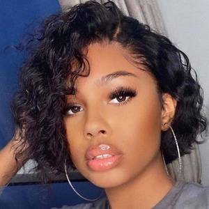 lot 5834 image: WIGER Short Lace Front Wigs Human Hair for Women Short Curly Bob Wig Black Wavy Lace Wig Black Pixie Cut Wig Brazilian Virgin Human Hair Curly Wigs 180% Density Side Part - Retail $62