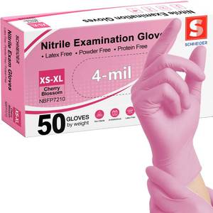 lot 5843 image: Schneider Nitrile Exam Gloves, 4-mil Medical Gloves Disposable Latex Free, Powder Free, Food Safe Glove for Cooking, Cleaning, Examination, Cherry Blossom, XS, 50-ct Box