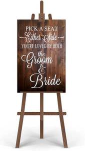 lot 5858 image: Rustic Wooden Signs Pick a Seat Not A Side Sign You Are Loved by the Groom and Bride, Wedding Signs Wall Art Decor Kitchen Cafe Pub Decor Gift 16x12 INCH - Retail $19