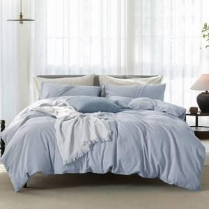 lot 5863 image: ELIMMO Cooling Queen Duvet Cover Set 3 Pieces-100% Washed Cotton Linen Like Textured Ultra Soft Cozy Bedding with Zipper Closure,Includes 1 Duvet Cover & 2 Pillow Shams(Light Blue,Queen 90x90) - Retail $65
