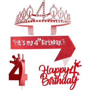 lot 5865 image: Red 4th Birthday Party Supplies for Girl - Includes Crown, Sash, Cake Toppers, Number 4 Candles - Retail $10