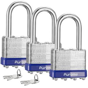 lot 5879 image: Puroma Lock 3 Pack Padlocks, 1-12 Long Shackle Heavy-Duty Locks with 6 Keys, 40mm Hardened Steel Keyed Alike Padlocks for Sheds, Gates, Fences, Toolbox, Outdoor and Indoor Use KEYS DONT MATCH LOCKS - Retail $15