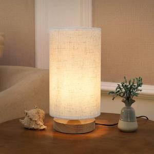 lot 5880 image: Small Bedside Night Table Lamp for Bedroom, Minimalist Nightstand Lamp with Round Fabric Linen Shade, Study Reading Desk Lamp for Kids Room, Living Room, College Dorm, Home, Office - Retail $15