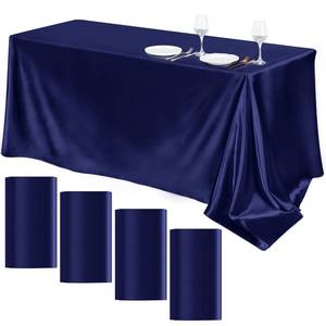 lot 5884 image: TURSTIN 4 Packs Satin Tablecloth 102 x 58 Inch Overlay Satin Table Cover Rectangle Bright Silk Tablecloth Smooth Fabric Table Decoration for Wedding Banquet Party Events, Navy Blue - Retail $28
