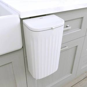 lot 5927 image: Glad Roomate Under Counter Waste Bin  Space Saving Small Trash Can for Kitchen Cabinet, Bathroom or Office  Dual Lid for Ease of Opening, 12 Liter, White. DIRTY.  - Retail $18