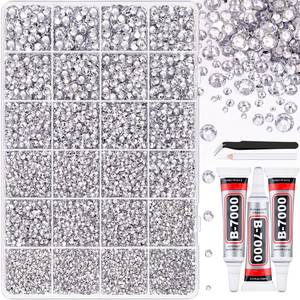lot 5959 image: 32000Pcs Resin Rhinestones for Bedazzling, Silver Clear Flatback Gems for Diamond Art, Crystal Bedazzler Kit with 3Pcs 10ml B7000 Jewelry Glue for Nail Art Crafting Clothing Book Makeup - Retail $10