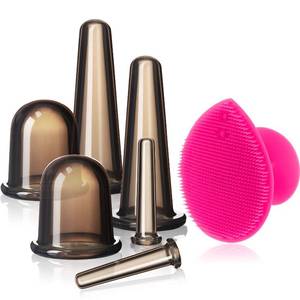 lot 5964 image: BBTO Silicone Facial Cupping Set, Vacuum Massage Cup Kit for Body, Face, Neck, Back, and Eye, 6 Cups and Exfoliating Brush(Black) MISSING 2 CUPS AND PINK BRUSH - Retail $10