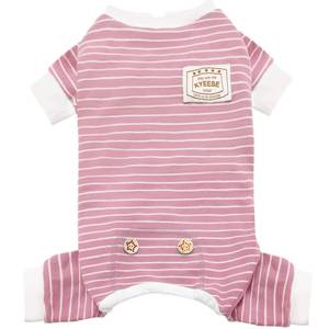 lot 5968 image: KYEESE Dog Pajamas Stretchable 4 Legs Doggie Jammies Striped Jumpsuit Lightweight Onesie Puppy Pajamas Cozy Outfit Comfortable Dog Clothes Hair Shedding Cover Pet Sleepwear,Pink Striped, Medium - Retail $19