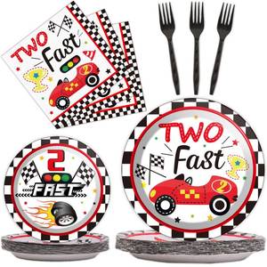 lot 5976 image: Two Fast Plates and Napkins Race Car Party Decorations Racing 2 fast Party Plates and Napkins Set Racing Sports Themed Dinnerware for Two Fast Kids Boys Birthday Supplies Favors, Serve 24 - Retail $17